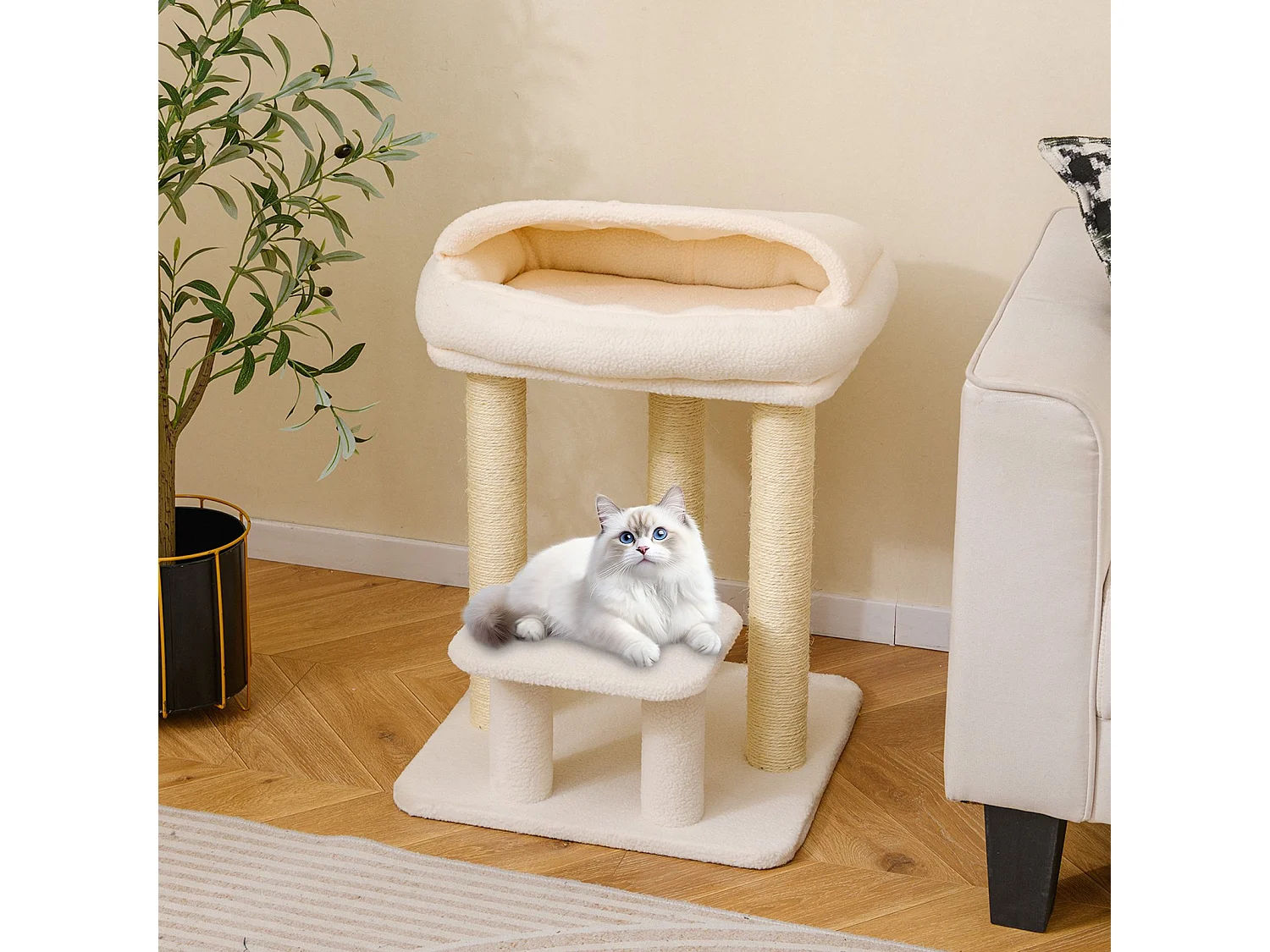 Kleiner Kratzbaum für Wohnungskatzen Katzenturm mit gemütlichem Plüsch-Top-Liegeplatz Weiß