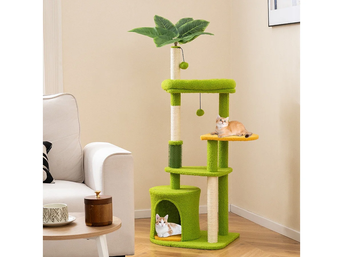 Torre multi-livello per gatti con foglie artificiali e postazione imbottita, Centro attività per animali domestici Verde