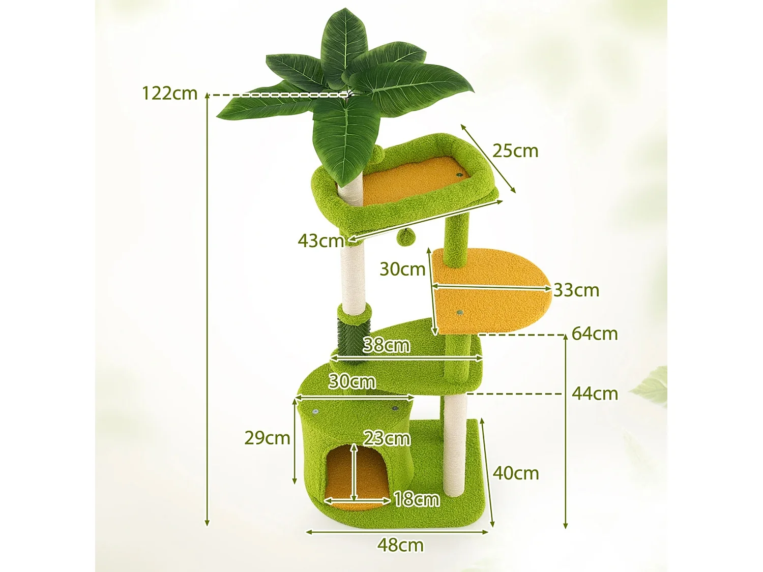Torre multi-livello per gatti con foglie artificiali e postazione imbottita, Centro attività per animali domestici Verde