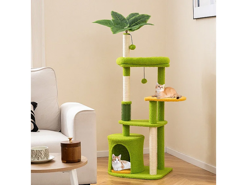 Torre multi-livello per gatti con foglie artificiali e postazione imbottita, Centro attività per animali domestici Verde