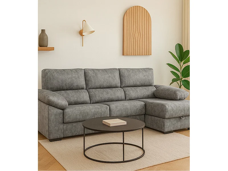 Sofá Chaise Longue izquierdo de 100x283x167 con arcón y patas metálicas gris oscuro Monti