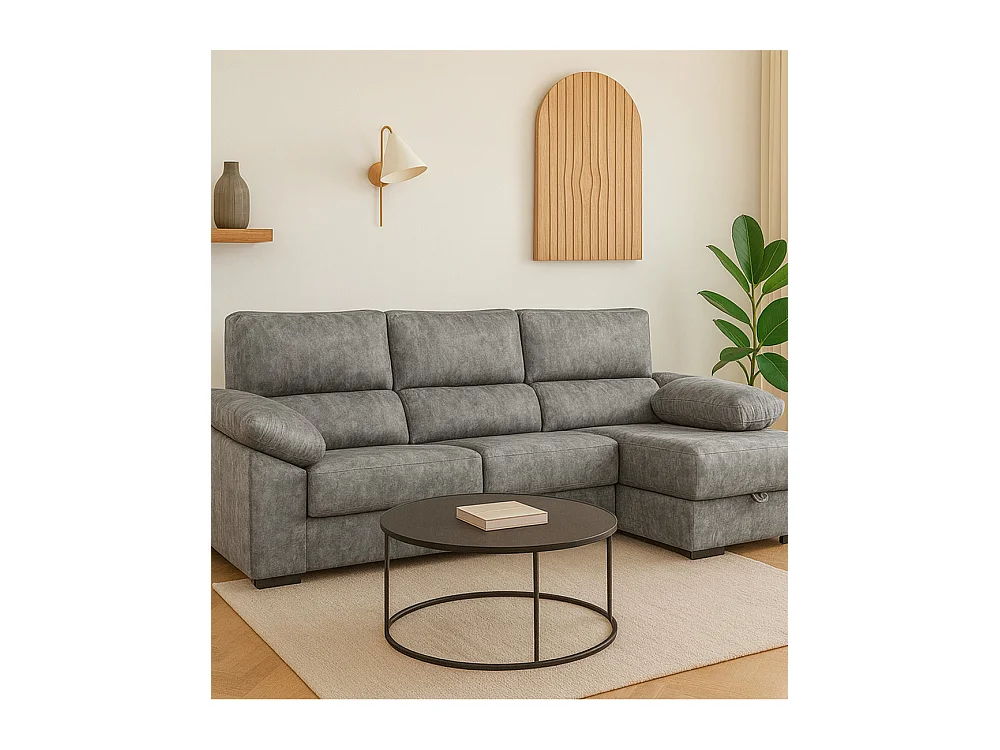Sofá Chaise Longue izquierdo de 100x283x167 con arcón y patas metálicas gris oscuro Monti