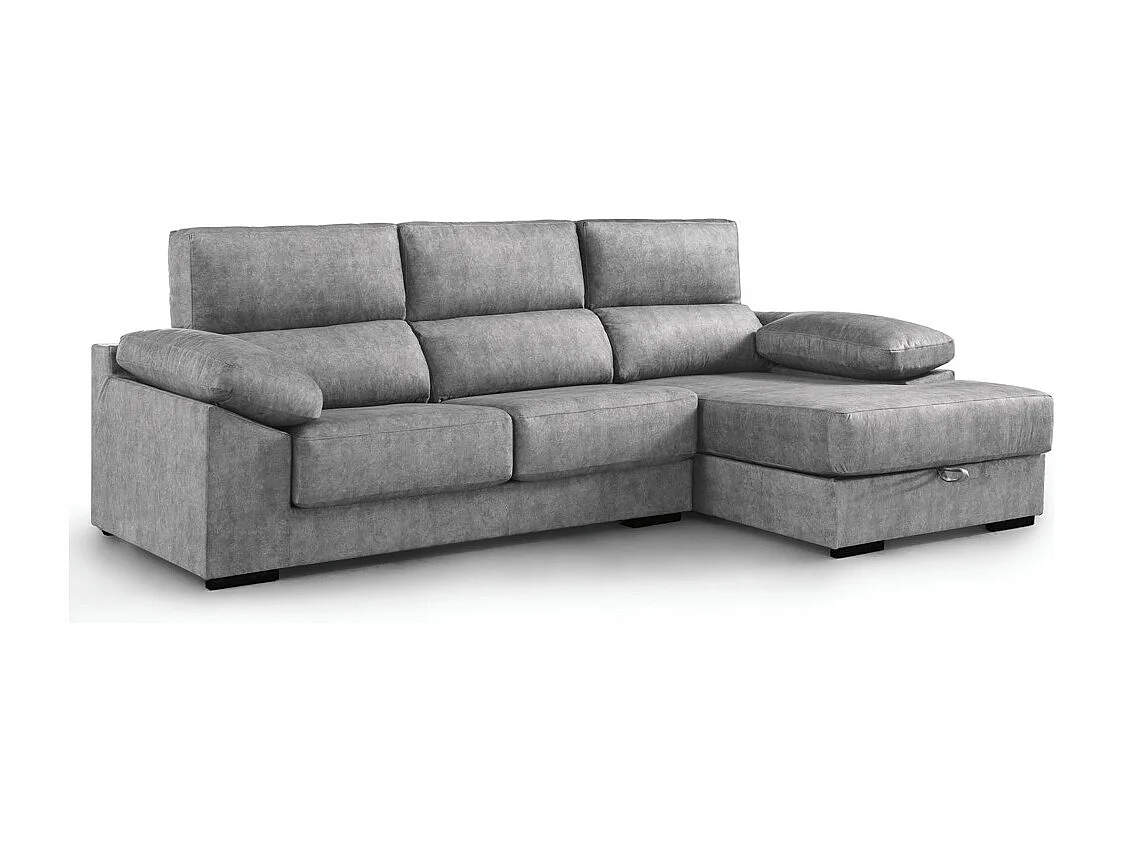 Sofá Chaise Longue izquierdo de 100x283x167 con arcón y patas metálicas gris oscuro Monti