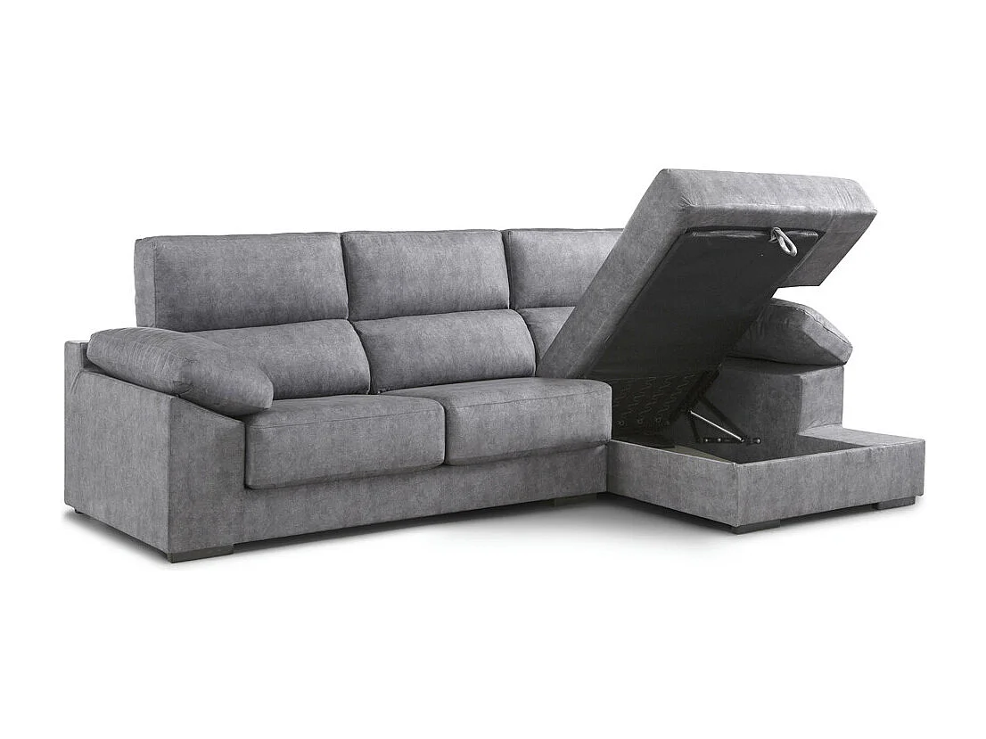 Sofá Chaise Longue izquierdo de 100x283x167 con arcón y patas metálicas gris oscuro Monti