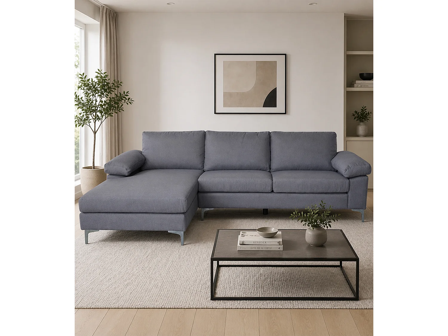 Sofá Chaise Longue lado izquierdo  cm con patas metálicas tapizado en color gris Jorge