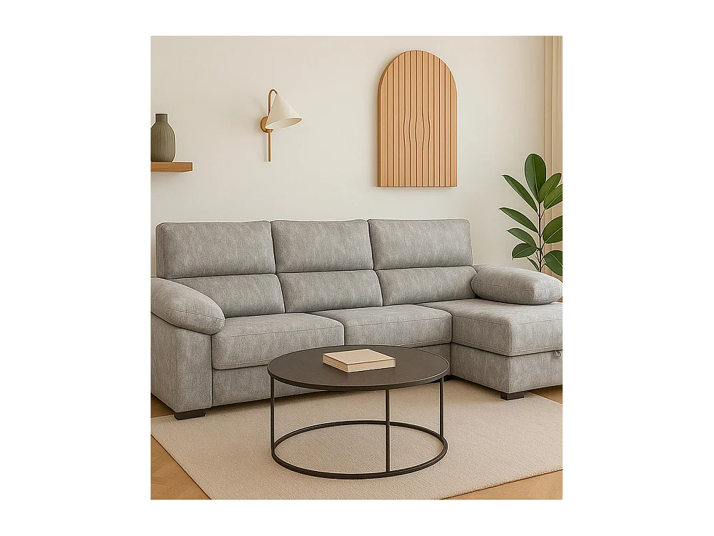 Sofá Chaise Longue izquierdo de 100x283x167 con arcón y patas metálicas gris claro Monti