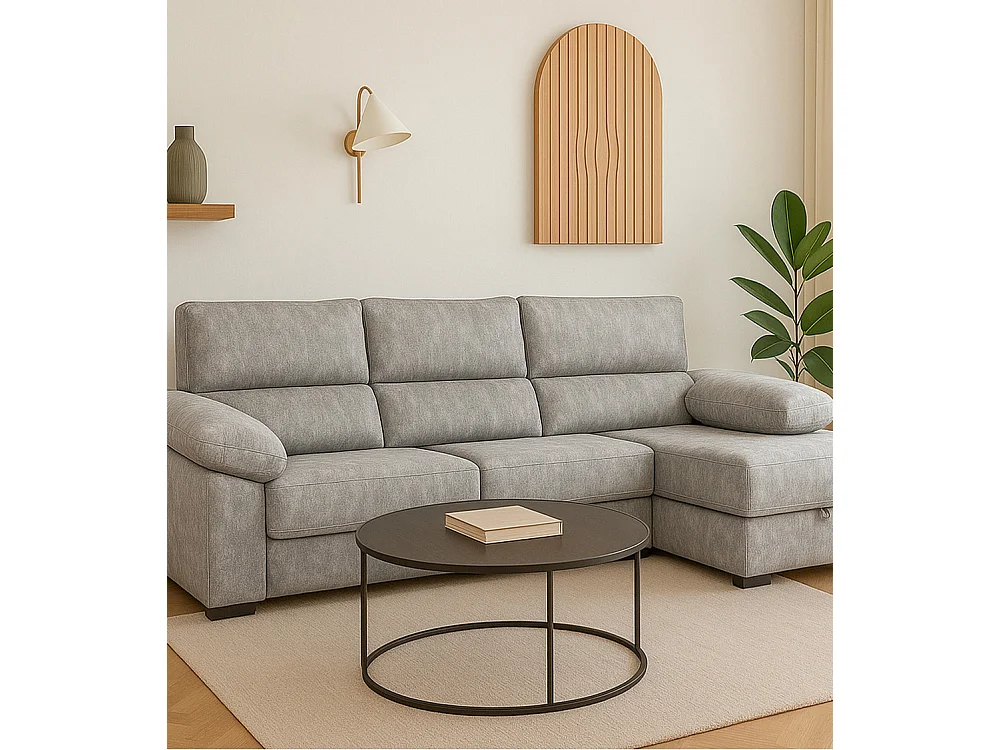 Sofá Chaise Longue izquierdo de 100x283x167 con arcón y patas metálicas gris claro Monti