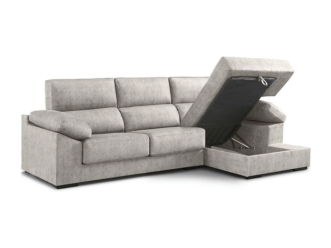 Sofá Chaise Longue izquierdo de 100x283x167 con arcón y patas metálicas gris claro Monti