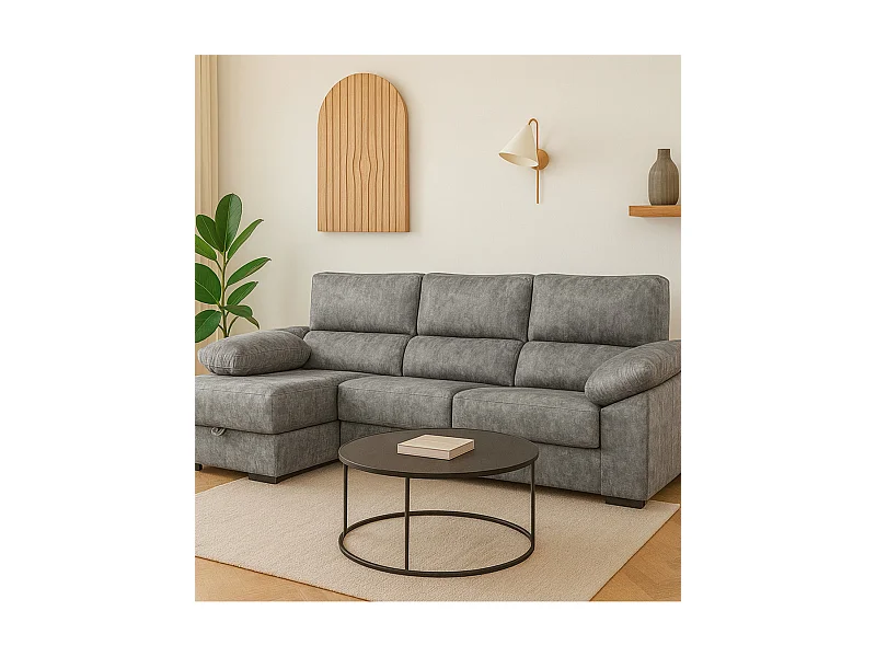 Sofá Chaise Longue derecho de 100x283x167 con arcón y patas metálicas gris oscuro Monti