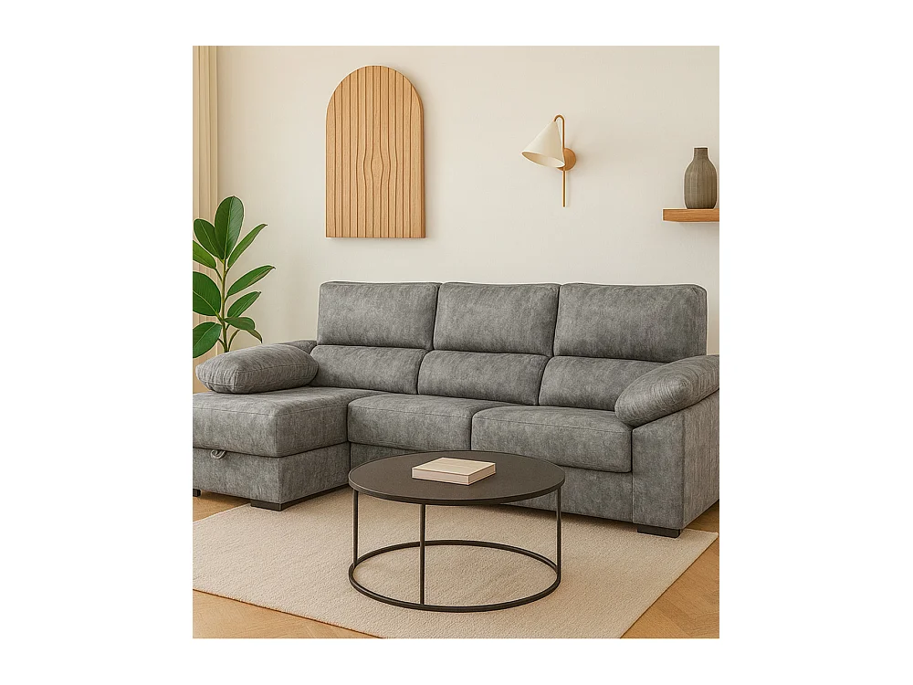 Sofá Chaise Longue derecho de 100x283x167 con arcón y patas metálicas gris oscuro Monti