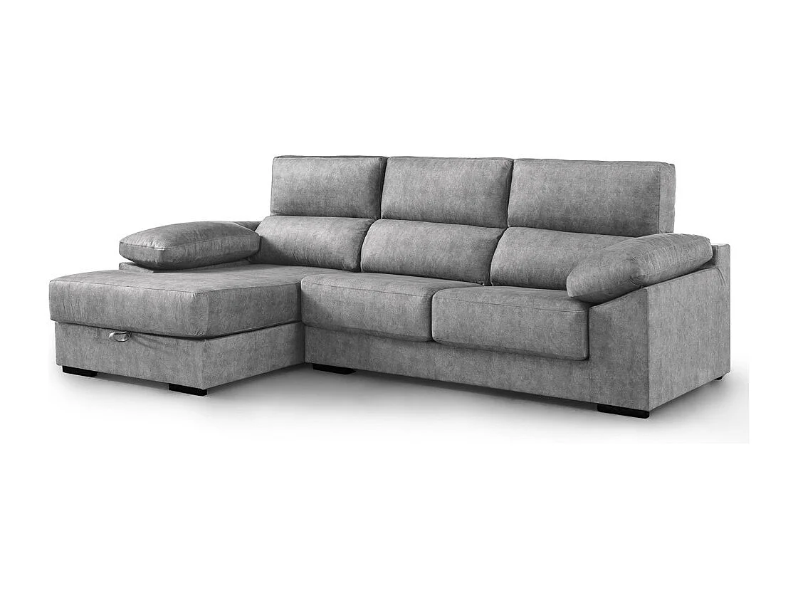 Sofá Chaise Longue derecho de 100x283x167 con arcón y patas metálicas gris oscuro Monti