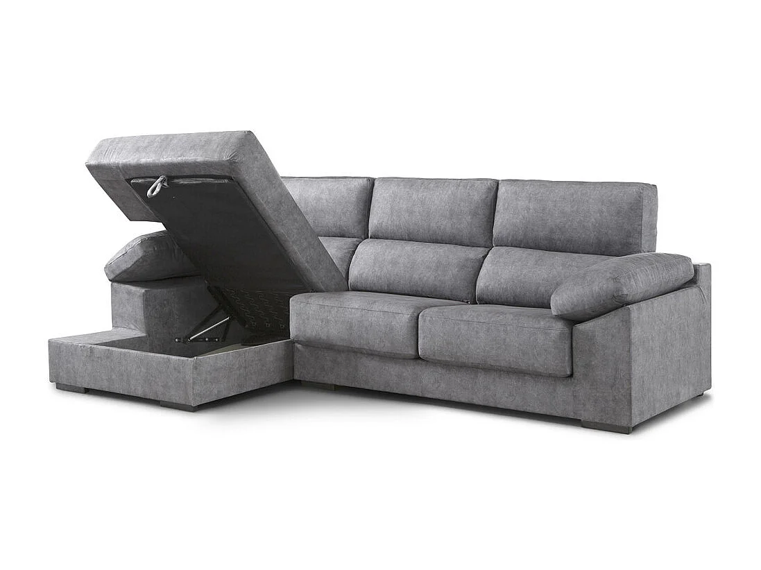 Sofá Chaise Longue derecho de 100x283x167 con arcón y patas metálicas gris oscuro Monti