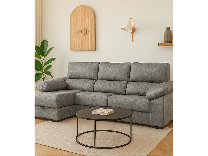 Sofá Chaise Longue derecho de 100x283x167 con arcón y patas metálicas gris oscuro Monti