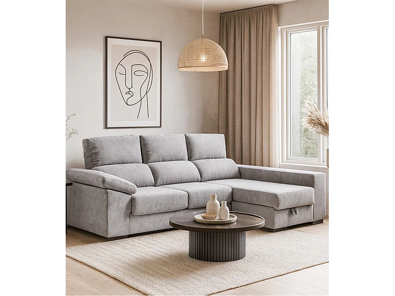 Sofá Chaise Longue izquierdo de 100x260x147 con arcón y tela antimanchas gris plata Marcia