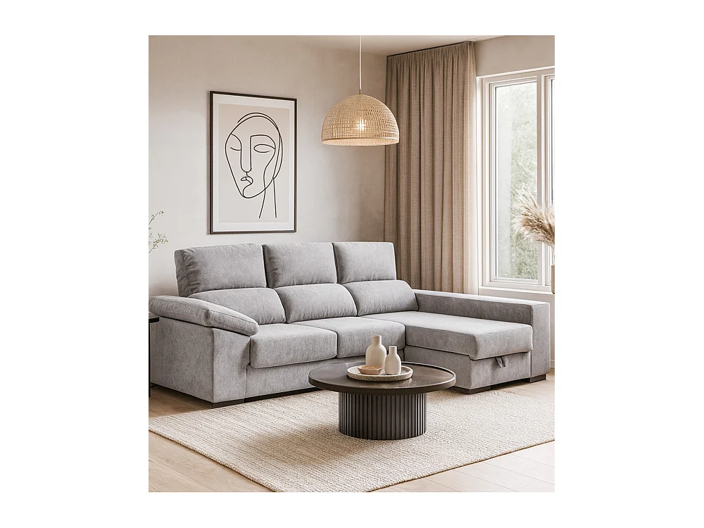 Sofá Chaise Longue izquierdo de 100x260x147 con arcón y tela antimanchas gris plata Marcia