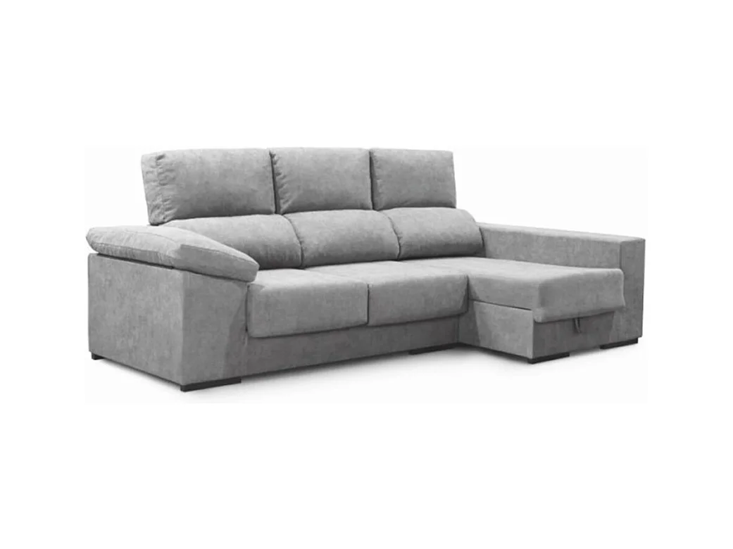 Sofá Chaise Longue izquierdo de 100x260x147 con arcón y tela antimanchas gris plata Marcia