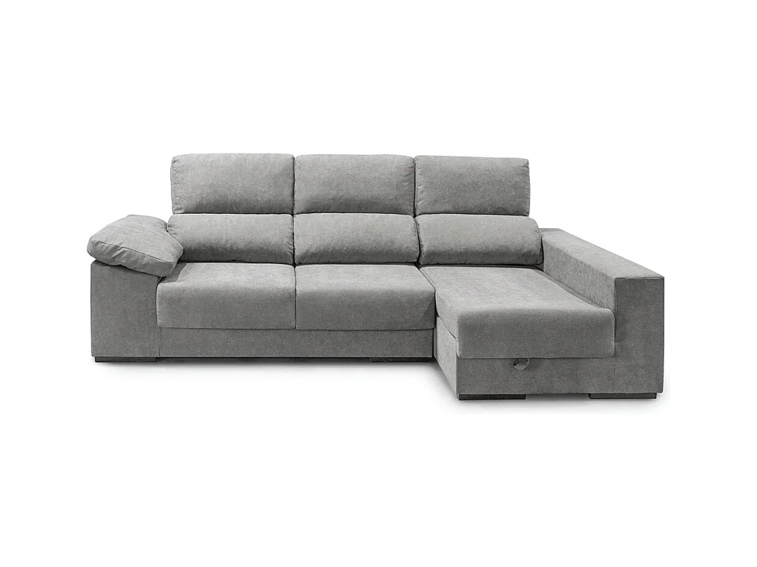 Sofá Chaise Longue izquierdo de 100x260x147 con arcón y tela antimanchas gris plata Marcia