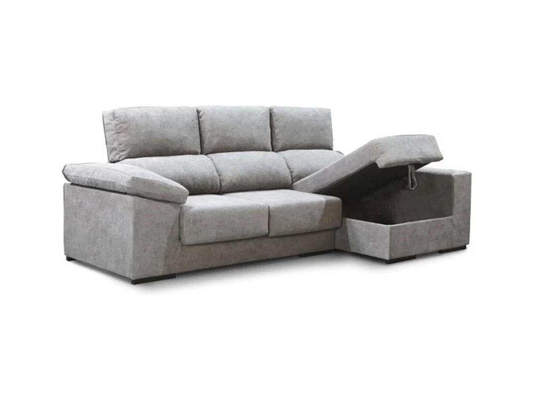 Sofá Chaise Longue izquierdo de 100x260x147 con arcón y tela antimanchas gris plata Marcia