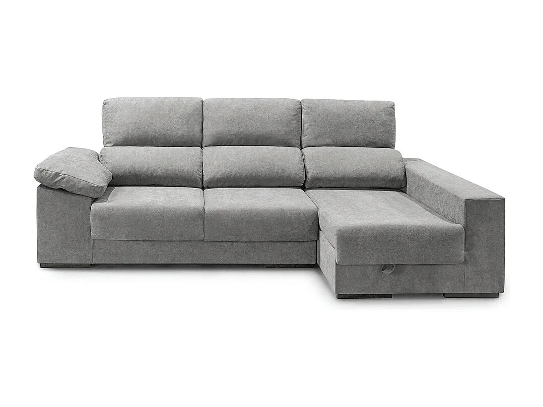 Sofá Chaise Longue izquierdo de 100x260x147 con arcón y tela antimanchas gris plata Marcia