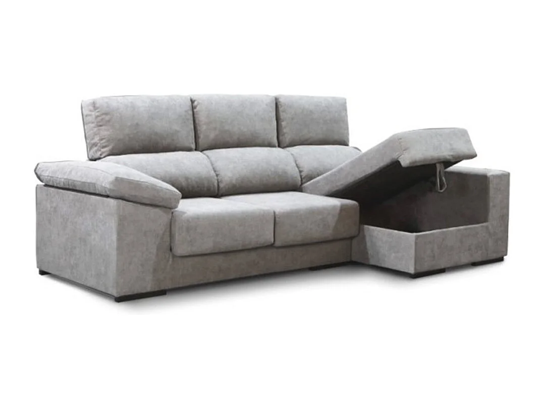 Sofá Chaise Longue izquierdo de 100x260x147 con arcón y tela antimanchas gris plata Marcia