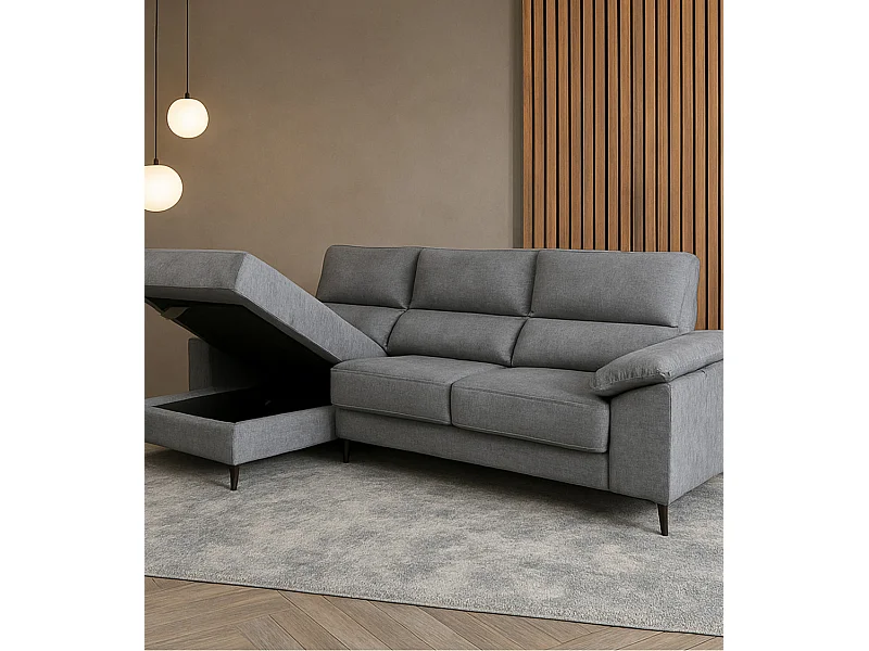 Sofá Chaise Longue derecho de 101x293x167 cm con arcón integrado color gris oscuro Vis