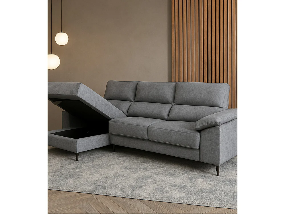 Sofá Chaise Longue derecho de 101x293x167 cm con arcón integrado color gris oscuro Vis