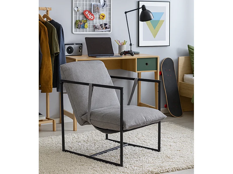 Butaca de 87x80x66 cm con estructura metálica y tapizada en tela KSTUR en color gris Jaime