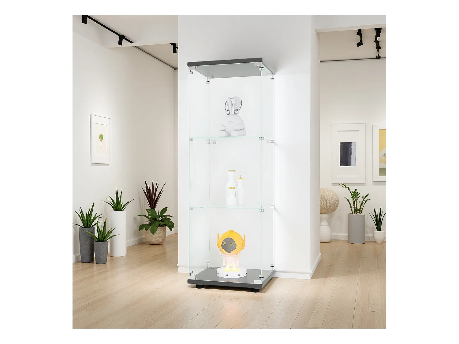 Vitrine en verre avec 3 étagères, armoire à curiosités à une porte pour salon, chambre, bureau, bibliothèque en verre noire sur pied, installation rapide