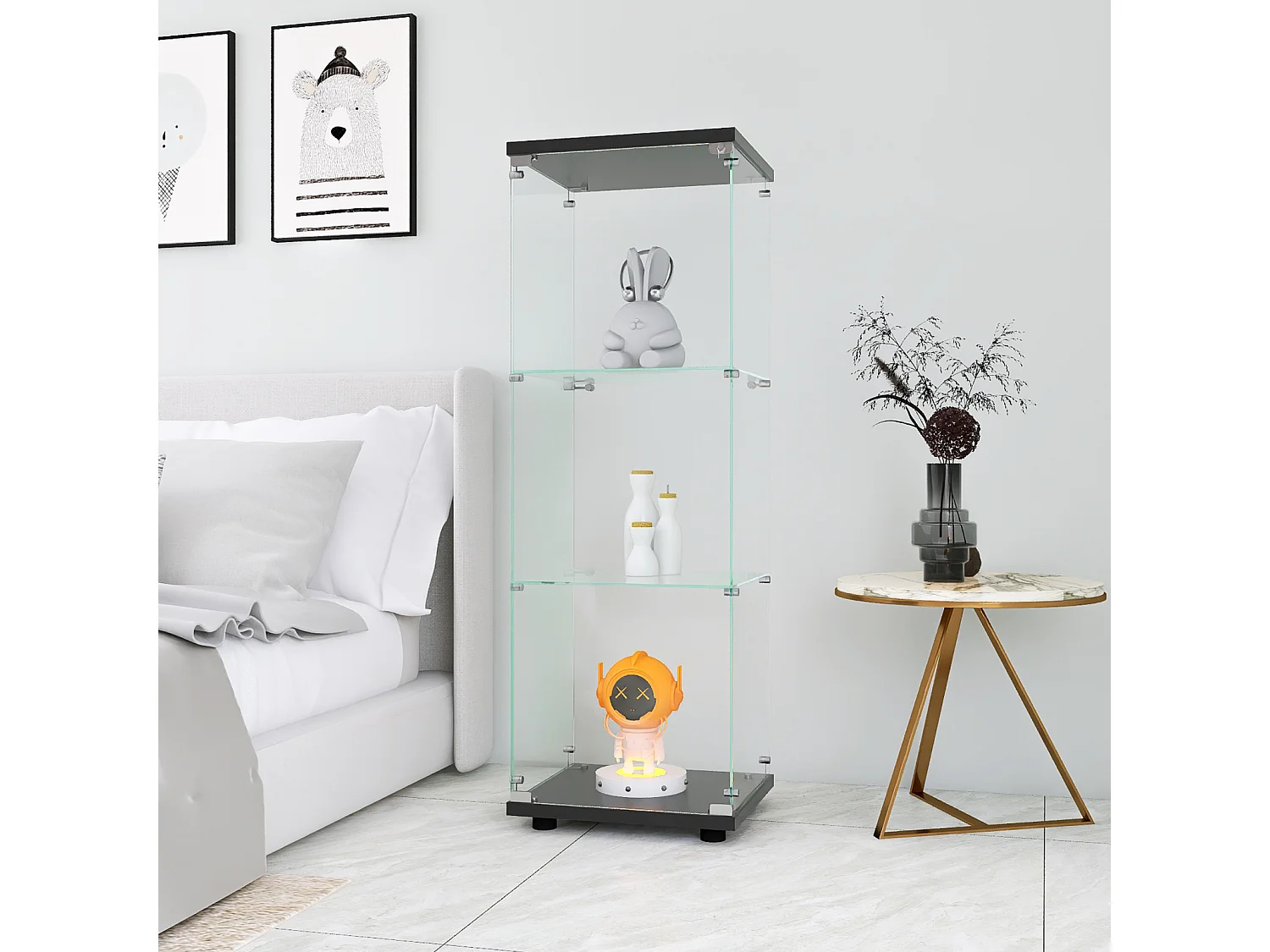 Vitrine en verre avec 3 étagères, armoire à curiosités à une porte pour salon, chambre, bureau, bibliothèque en verre noire sur pied, installation rapide