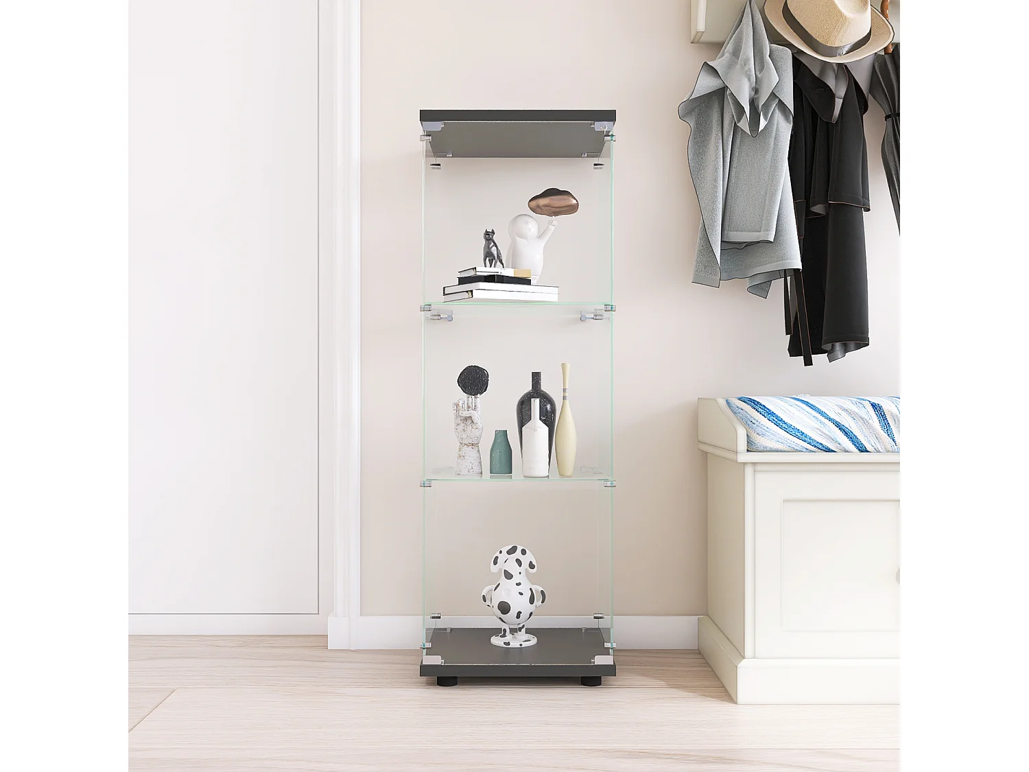 Vitrine en verre avec 3 étagères, armoire à curiosités à une porte pour salon, chambre, bureau, bibliothèque en verre noire sur pied, installation rapide