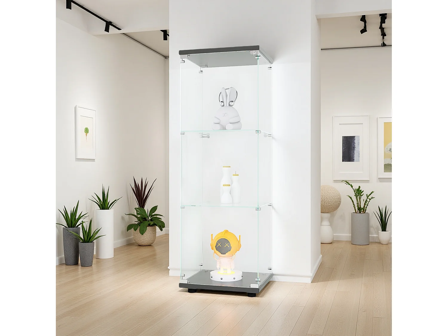 Vitrine en verre avec 3 étagères, armoire à curiosités à une porte pour salon, chambre, bureau, bibliothèque en verre noire sur pied, installation rapide