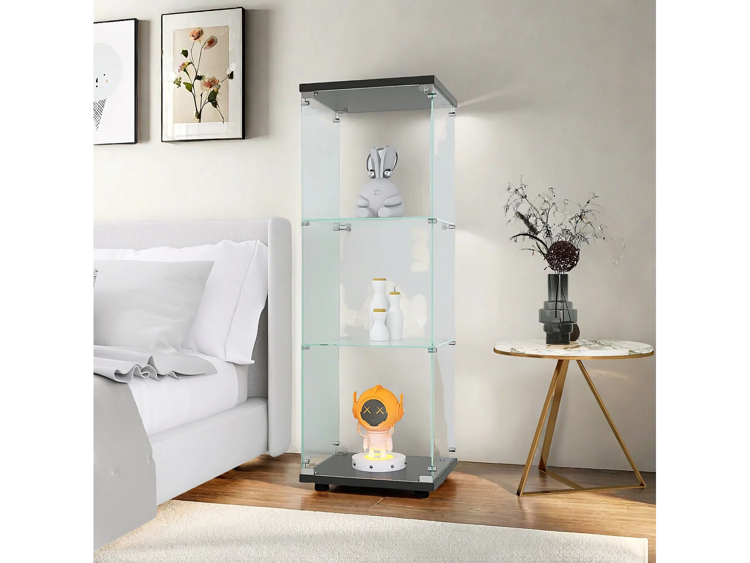 Vitrine en verre avec 3 étagères, armoire à curiosités à une porte pour salon, chambre, bureau, bibliothèque en verre noire sur pied, installation rapide