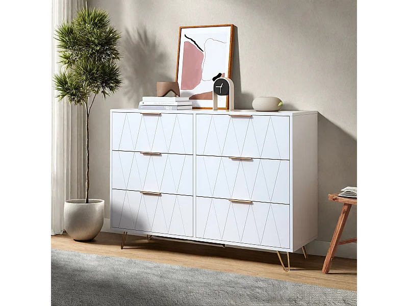 Commode 6 tiroirs blanche avec façades à motif losange en relief, panneaux mélaminés, grande capacité de rangement et robuste