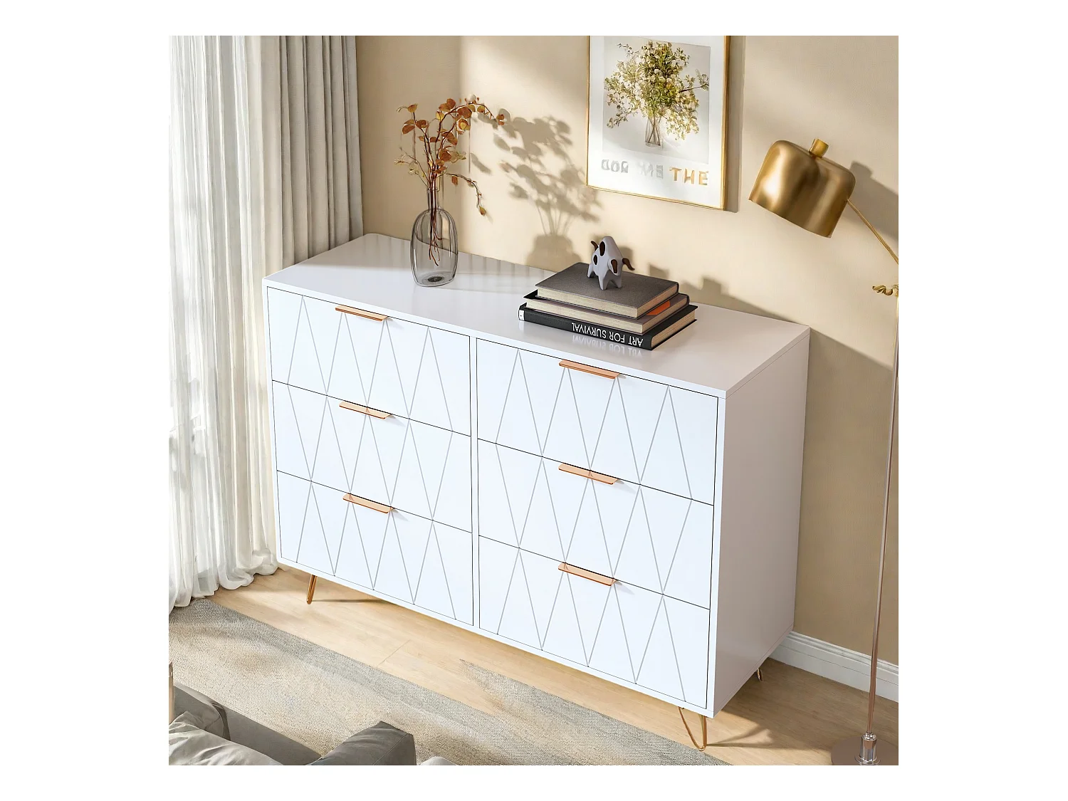 Commode 6 tiroirs blanche avec façades à motif losange en relief, panneaux mélaminés, grande capacité de rangement et robuste