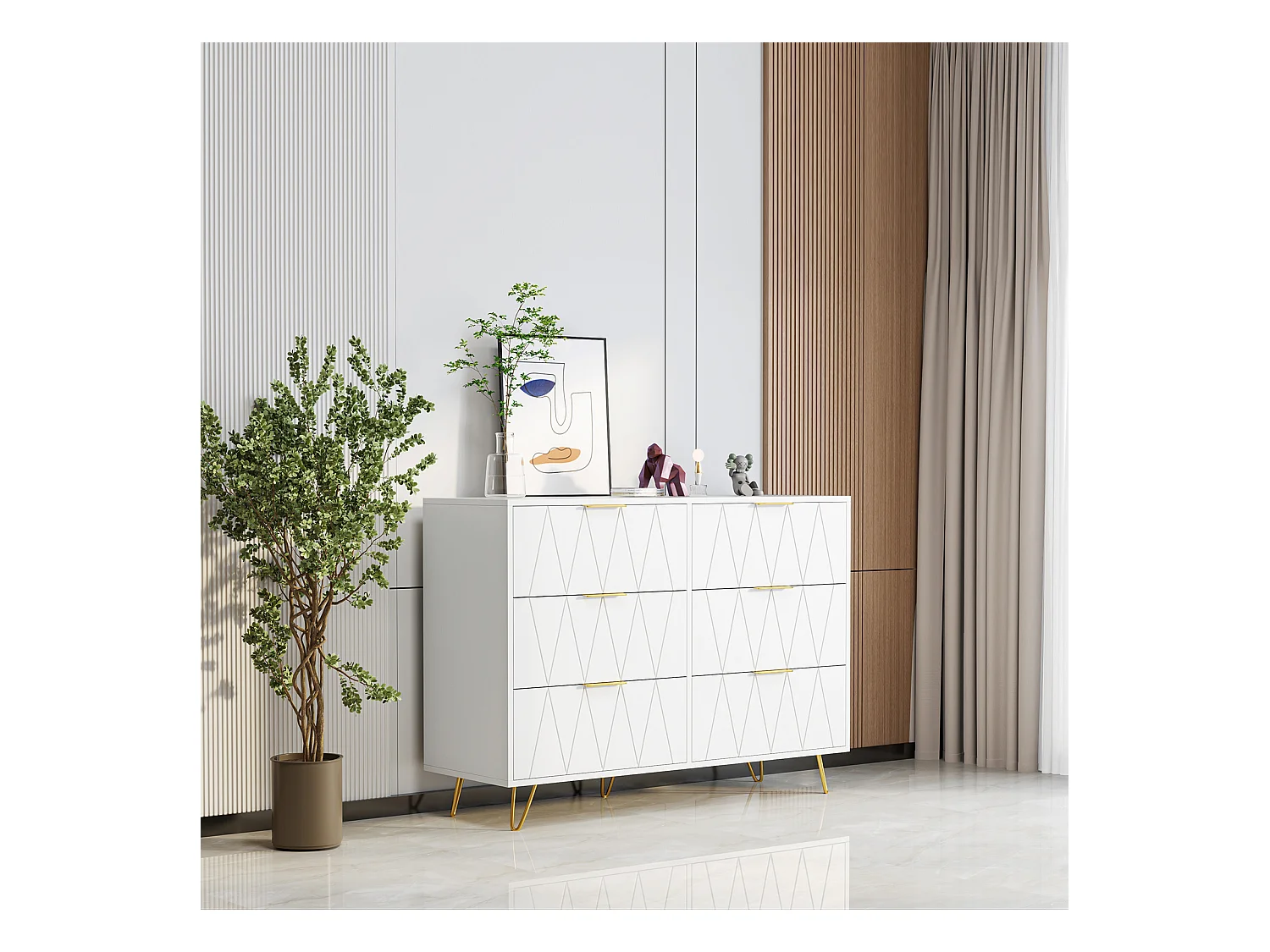 Commode 6 tiroirs blanche avec façades à motif losange en relief, panneaux mélaminés, grande capacité de rangement et robuste