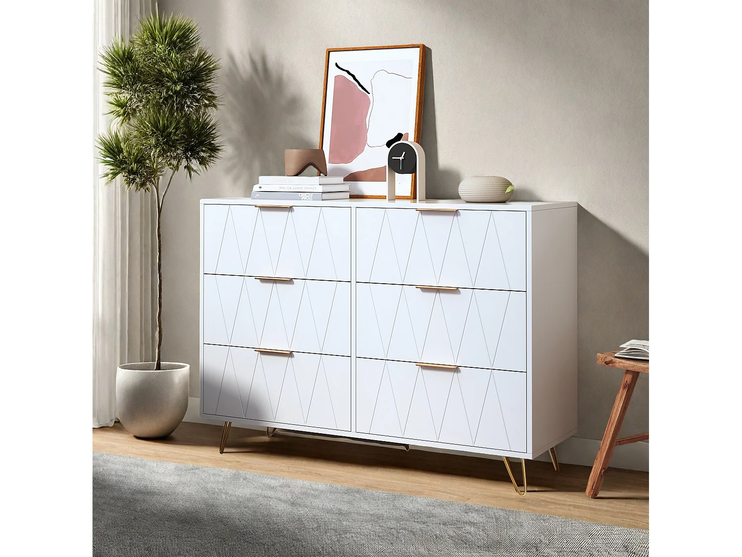 Commode 6 tiroirs blanche avec façades à motif losange en relief, panneaux mélaminés, grande capacité de rangement et robuste