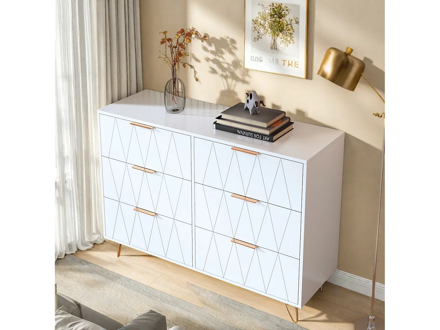 Commode 6 tiroirs blanche avec façades à motif losange en relief, panneaux mélaminés, grande capacité de rangement et robuste