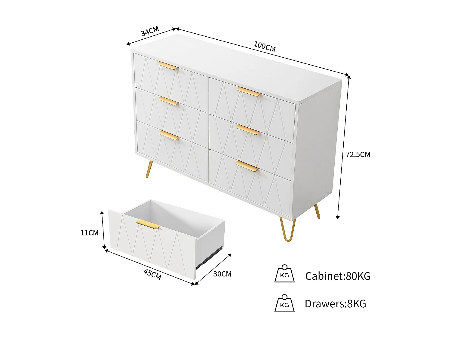 Commode 6 tiroirs blanche avec façades à motif losange en relief, panneaux mélaminés, grande capacité de rangement et robuste