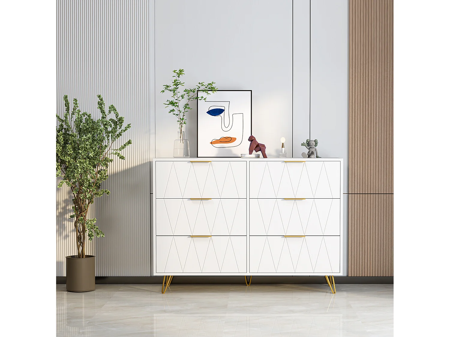 Commode 6 tiroirs blanche avec façades à motif losange en relief, panneaux mélaminés, grande capacité de rangement et robuste
