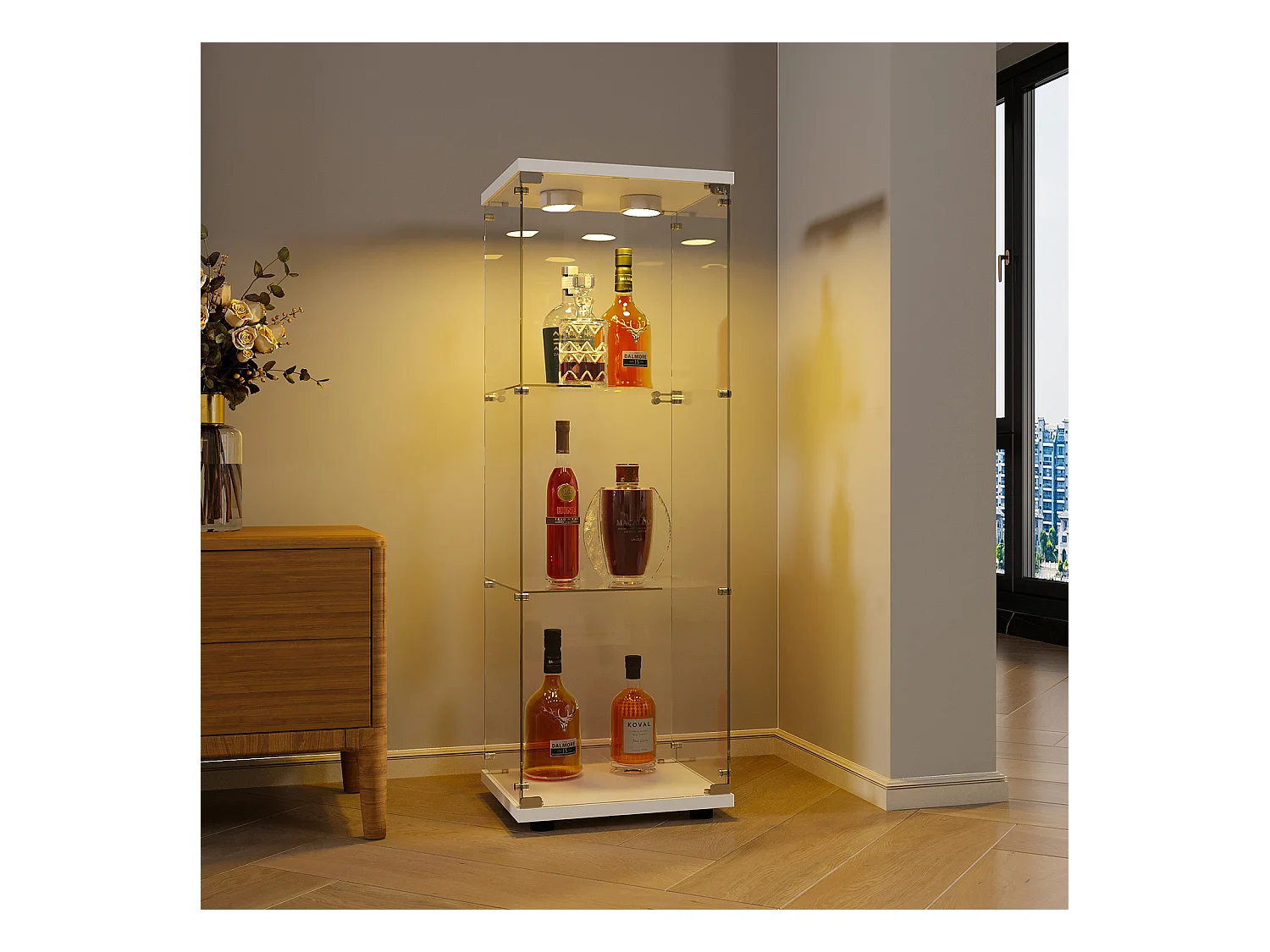 Vitrine en verre à trois couches avec lumière LED, blanc, élégante vitrine en verre pour exposer vos trésors