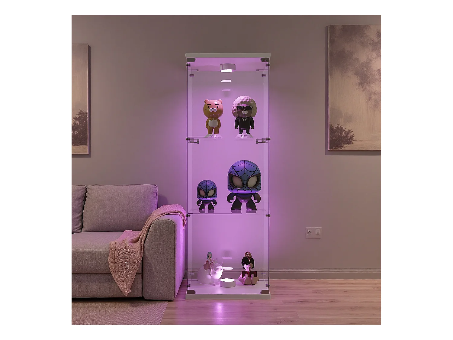 Vitrine en verre à trois couches avec lumière LED, blanc, élégante vitrine en verre pour exposer vos trésors