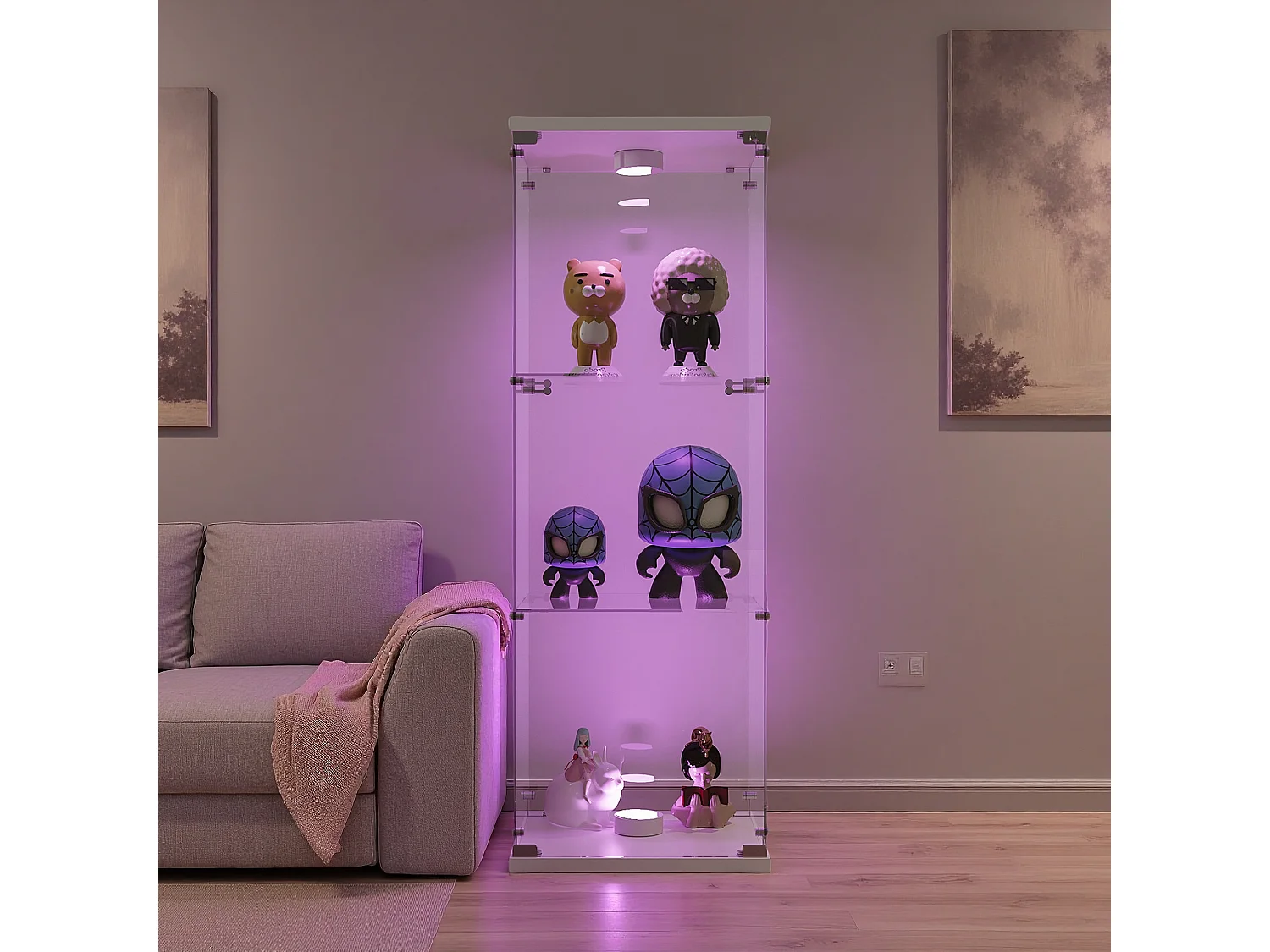 Vitrine en verre à trois couches avec lumière LED, blanc, élégante vitrine en verre pour exposer vos trésors