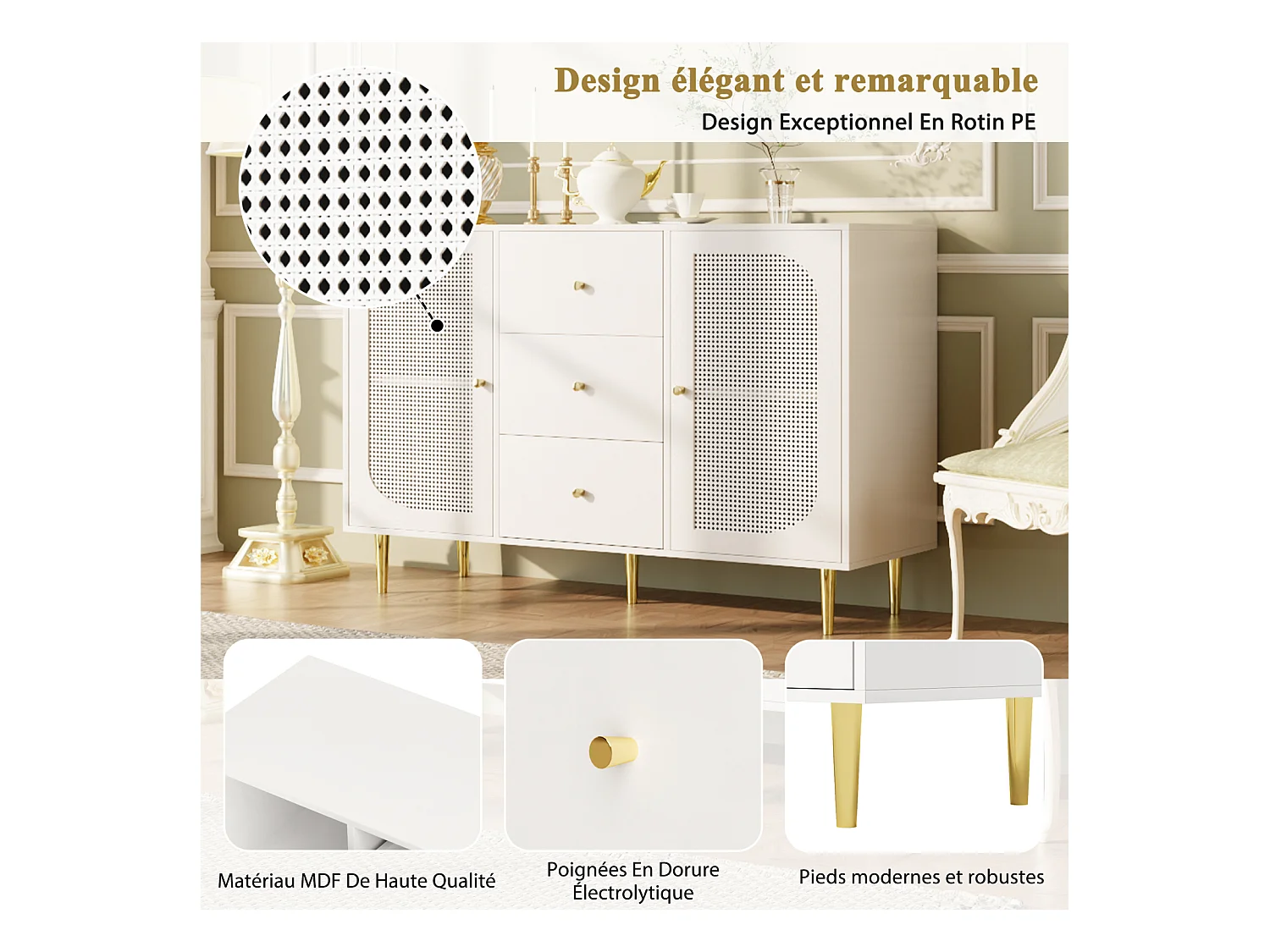 Buffet indépendant 120×40×90 cm avec portes en rotin PE et tiroir, armoire de rangement en bois – Idéal cuisine, salon ou maison – Blanc