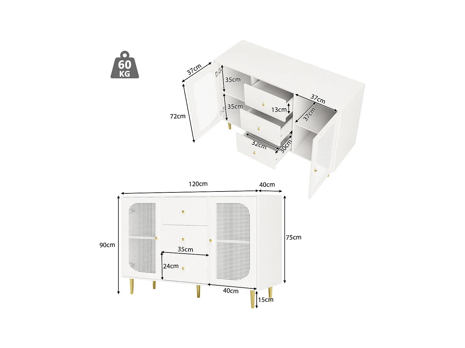 Buffet indépendant 120×40×90 cm avec portes en rotin PE et tiroir, armoire de rangement en bois – Idéal cuisine, salon ou maison – Blanc