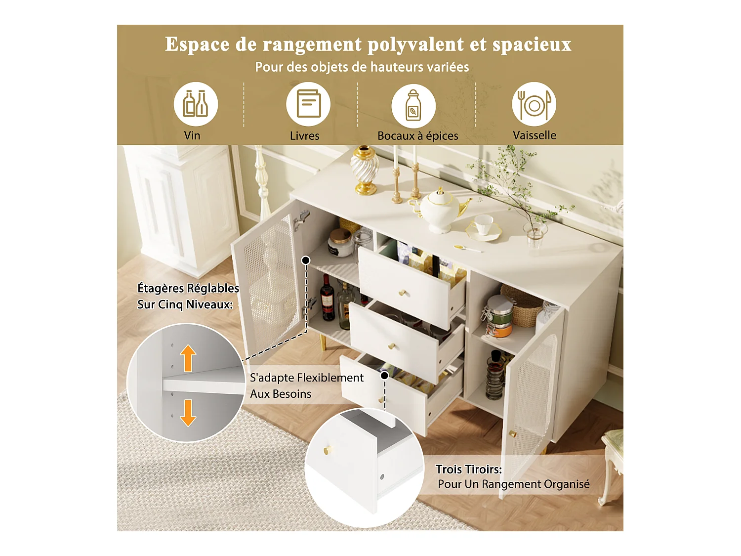 Buffet indépendant 120×40×90 cm avec portes en rotin PE et tiroir, armoire de rangement en bois – Idéal cuisine, salon ou maison – Blanc