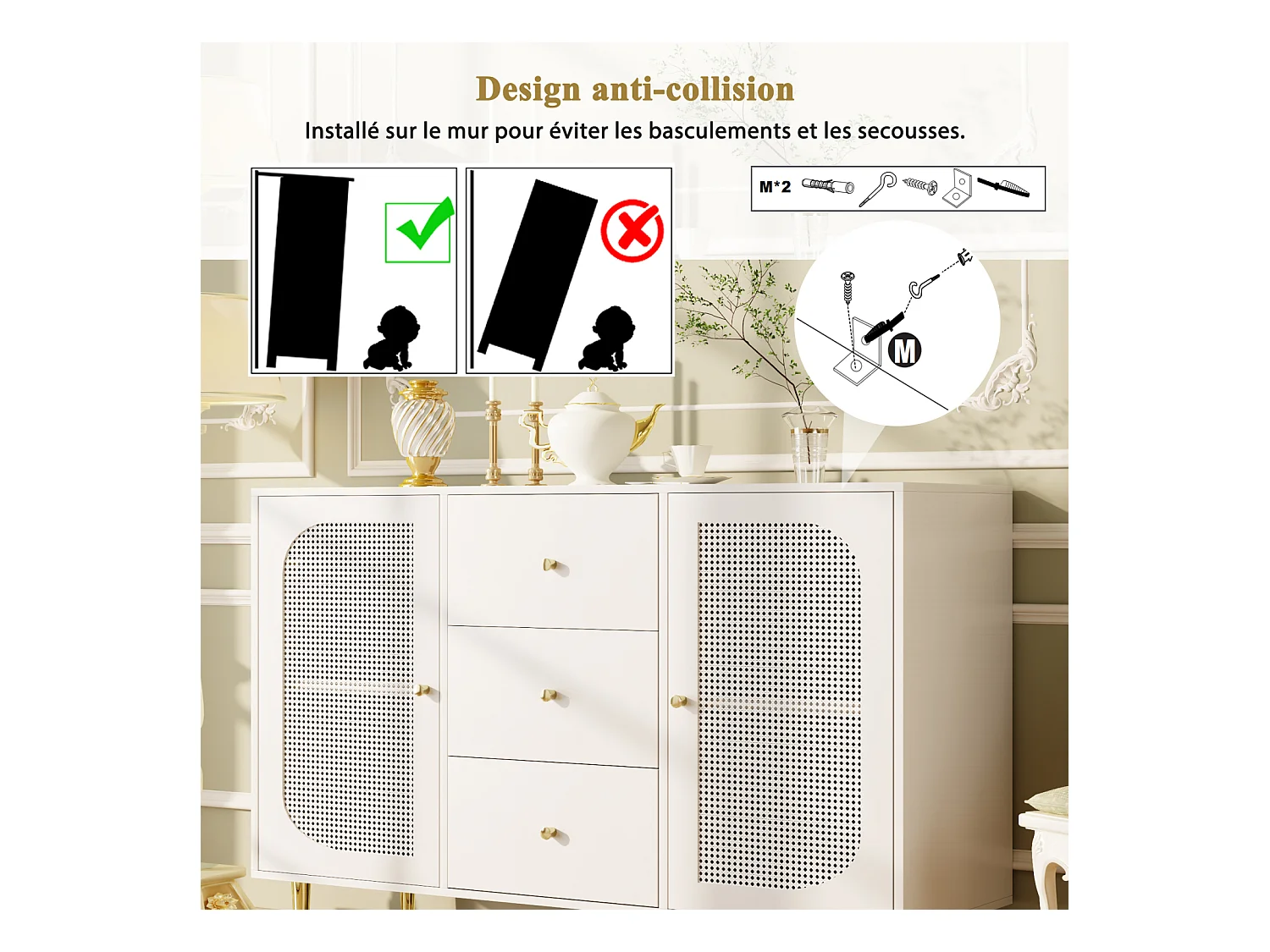 Buffet indépendant 120×40×90 cm avec portes en rotin PE et tiroir, armoire de rangement en bois – Idéal cuisine, salon ou maison – Blanc