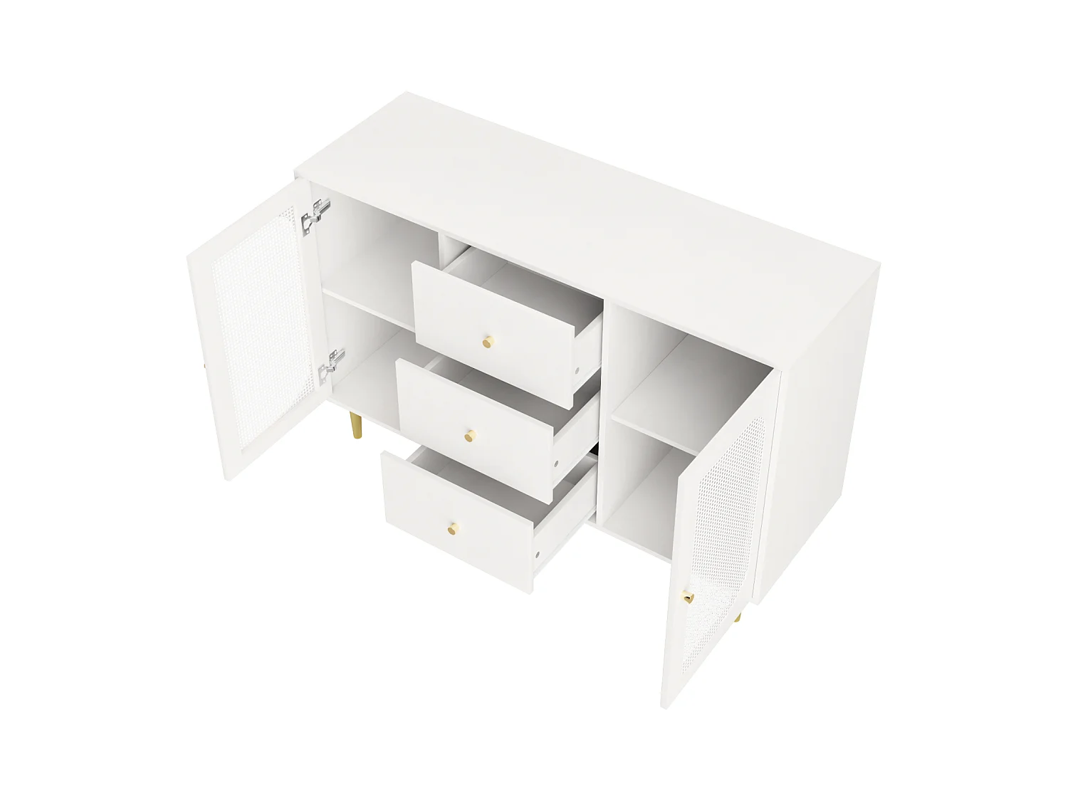 Buffet indépendant 120×40×90 cm avec portes en rotin PE et tiroir, armoire de rangement en bois – Idéal cuisine, salon ou maison – Blanc