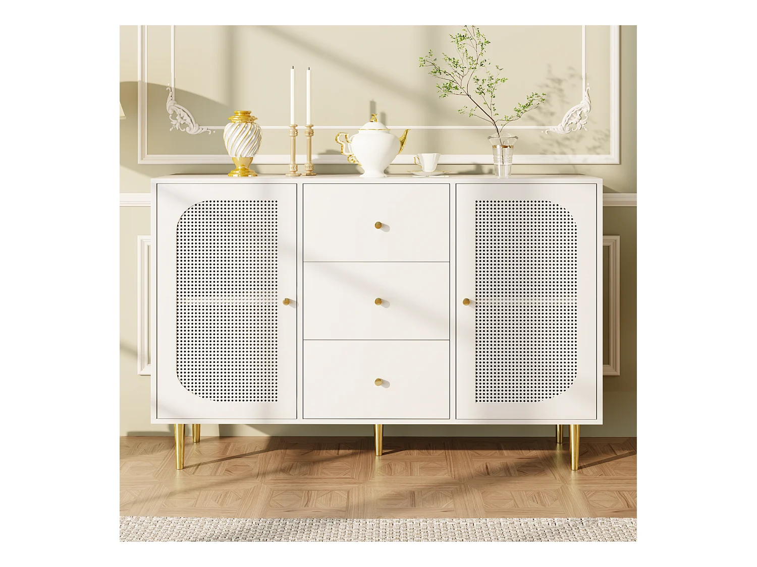 Vrijstaand dressoir 120×40×90 cm met PE-rotan deuren en lade, houten opbergkast - Ideaal voor keuken, woonkamer of thuis - Wit