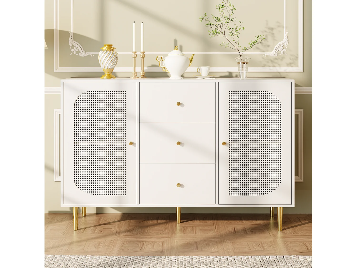 Aparador independiente 120×40×90 cm con puertas y cajón de ratán PE, mueble de almacenaje de madera - Ideal para cocina, salón o hogar - Blanco