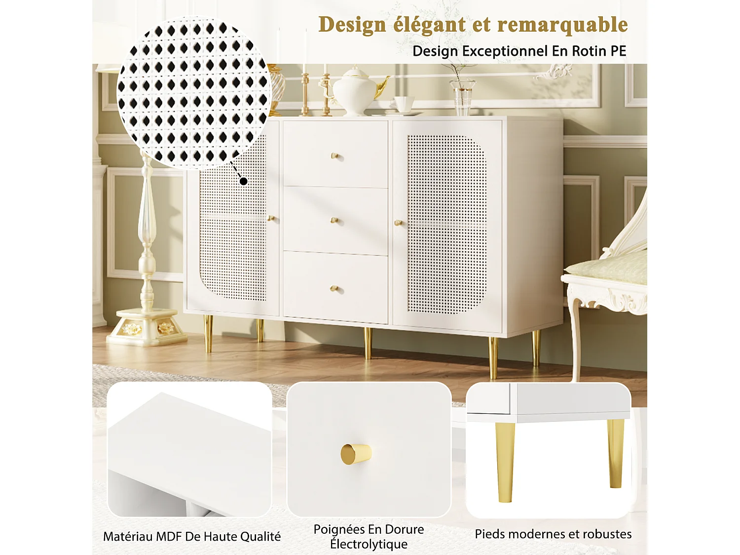 Aparador independiente 120×40×90 cm con puertas y cajón de ratán PE, mueble de almacenaje de madera - Ideal para cocina, salón o hogar - Blanco